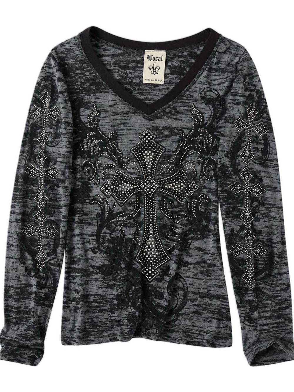 Vocal Burnout Rhinestone Cross Long Sleeve Top Gray Black Gothic Y2K